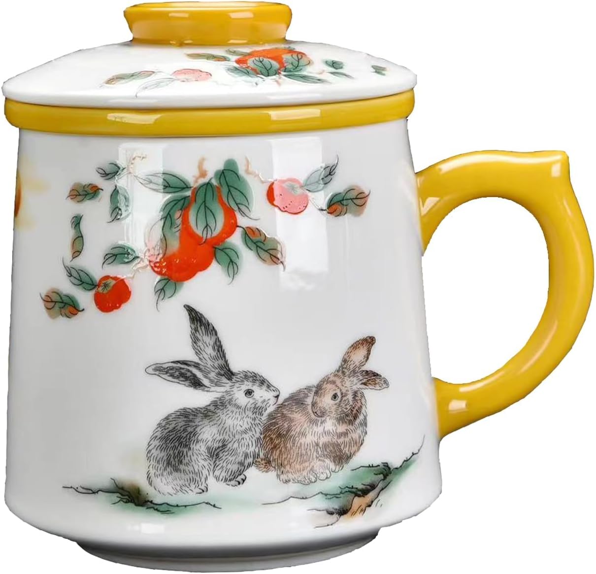 1set Ceramic Tea Cup 3 in 1 Porcelain Tea Mug with Infuser/Lid/Handle Large Bone Mug 0.11gal/415ml Rabbit Pattern Tea Cup Gift Sets for Women Personal Coffee Mugs Office/Home-TC350