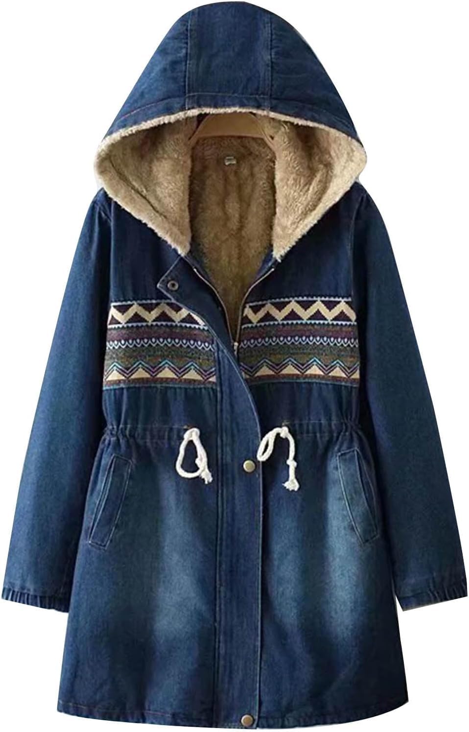Chaqueta Vaquera con Forro Polar para Mujer Chaqueta Vaquera Engrosada Moda Cremallera Frontal Chaqueta con Capucha otoño e Invierno Moda cálida Cintura cordón Chaqueta