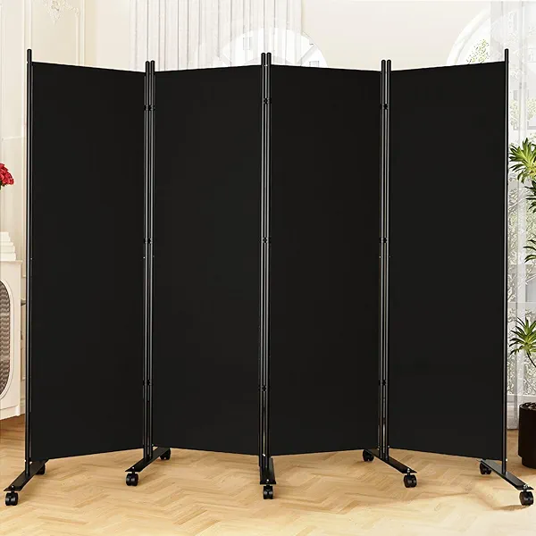 SUNALLY Room Divider 6FT Folding Privacy Screens with Lockable Wheels, 4 Panel Room Partition for Room Separator, 88" W Freestanding Portable Fabric Wall Dividers for Home Dorm Studio Office, Black