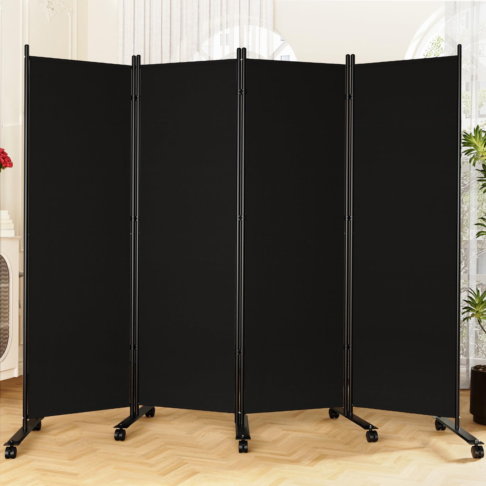 Room Divider 6FT Folding Privacy Screens with Lockable Wheels, 4 Panel Room Partition for Room Separator, 88" W Freestanding Portable Fabric Wall Dividers for Home Dorm Studio Office, Black