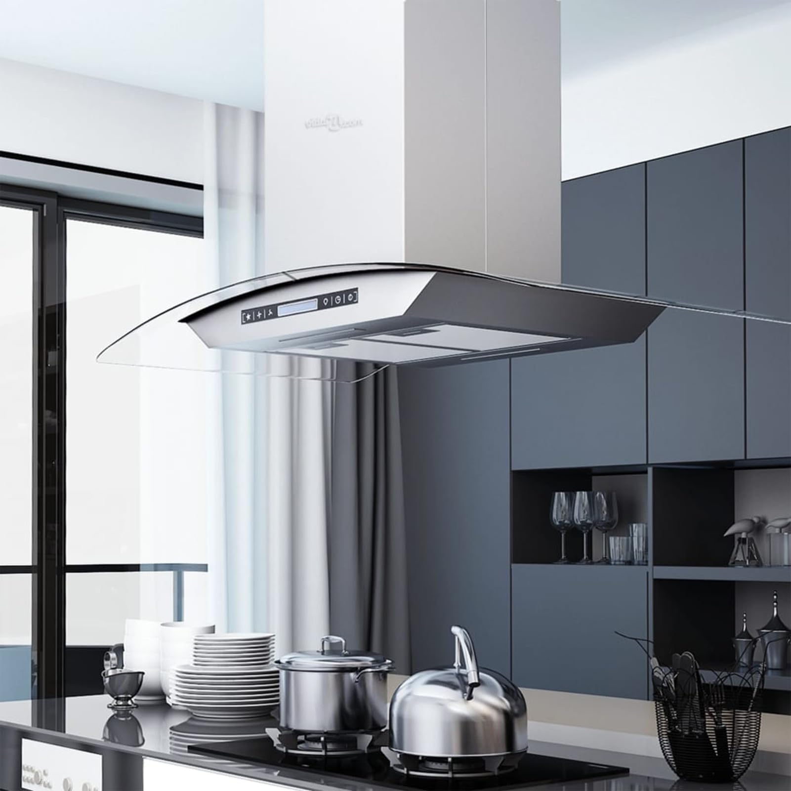 Homgoday Inselhaube 90 cm mit LCD-Display und Touch-Sensor 756 m³/h LED