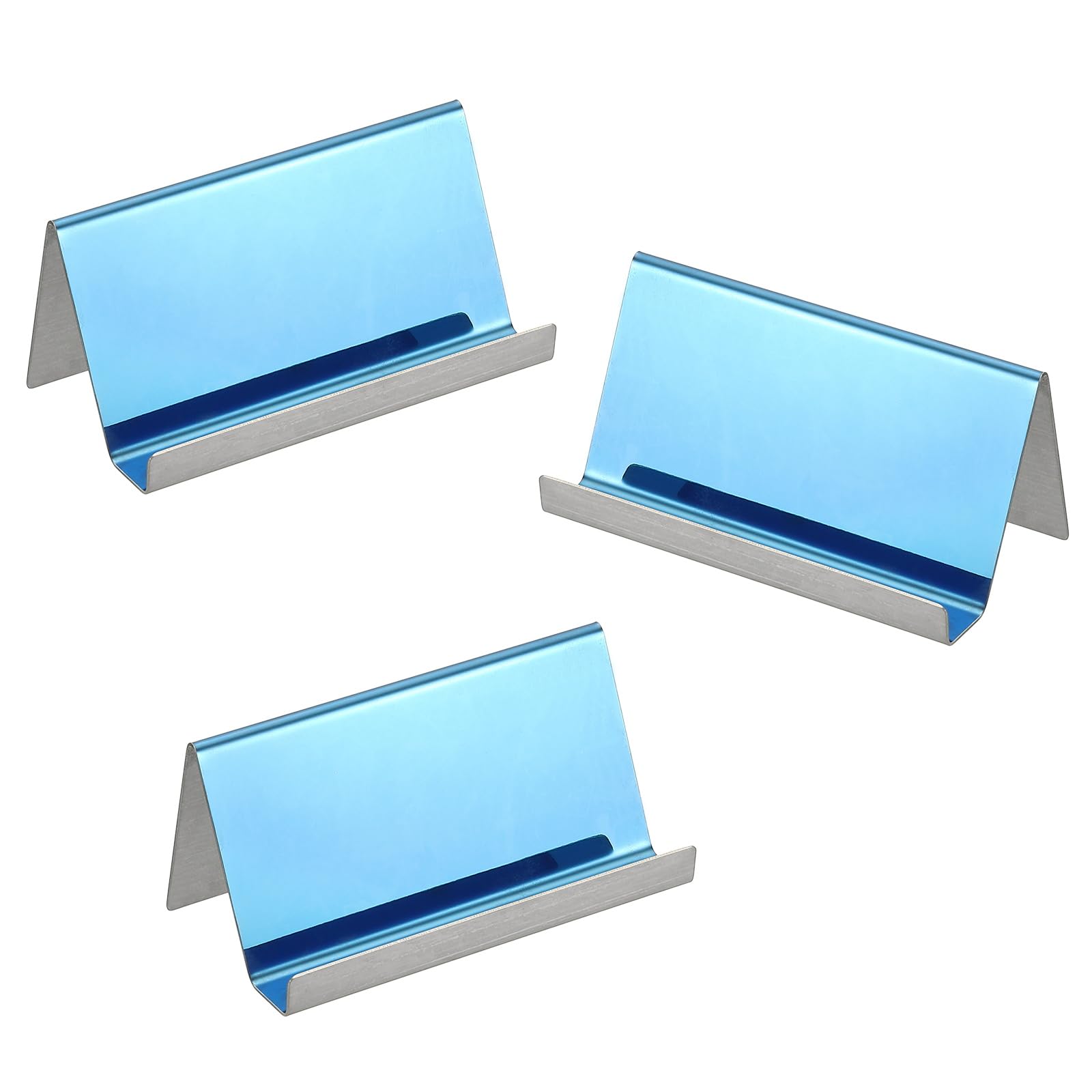 PATIKIL Business Card Holder for Desk 3Pcs Business Card Holders Stainless Steel Card Stand Organizer Cards Display for Office Exhibition Blue