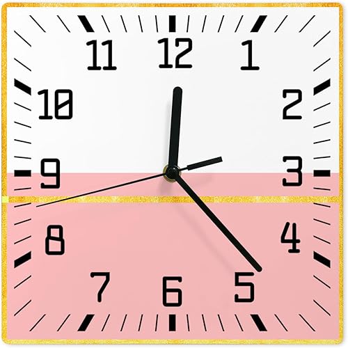 Luxurious Pink Geometric Wooden Wall Clock Silent Non Ticking, Yellow Modern Line Abstract Art Square Wall Clock Battery Operated, Decor Clock for