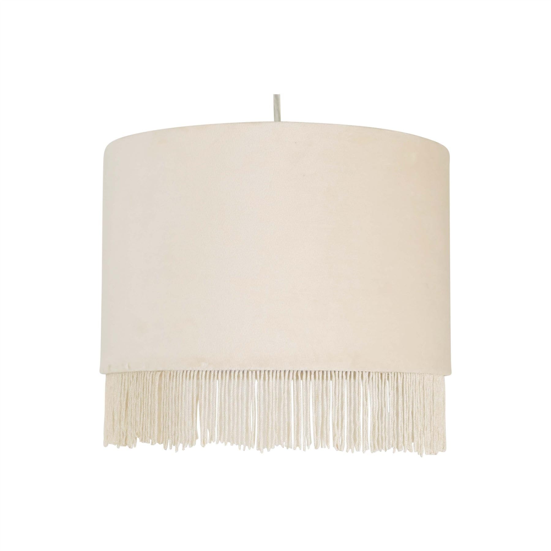 firstchoicelighting Off White Velvet Easy Fit Ceiling Lightshade, Modern Pendant Shade, Fringe Detail, Diameter 23 cm