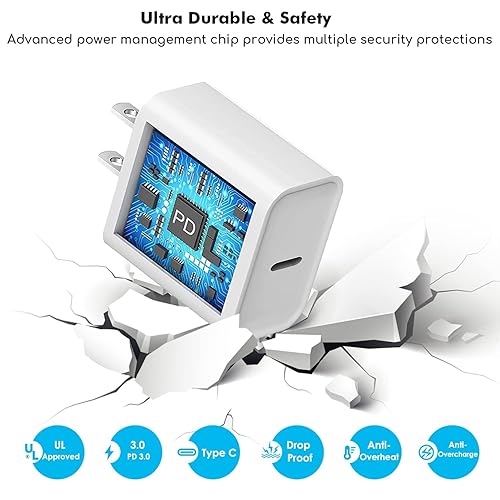 Miniatura 5 de Cargador rápido para iPhone, cargador rápido de pared USBC de 10 pies, certificado MFi, paquete de 20 W PD USB C bloque de carga rápida + cable de