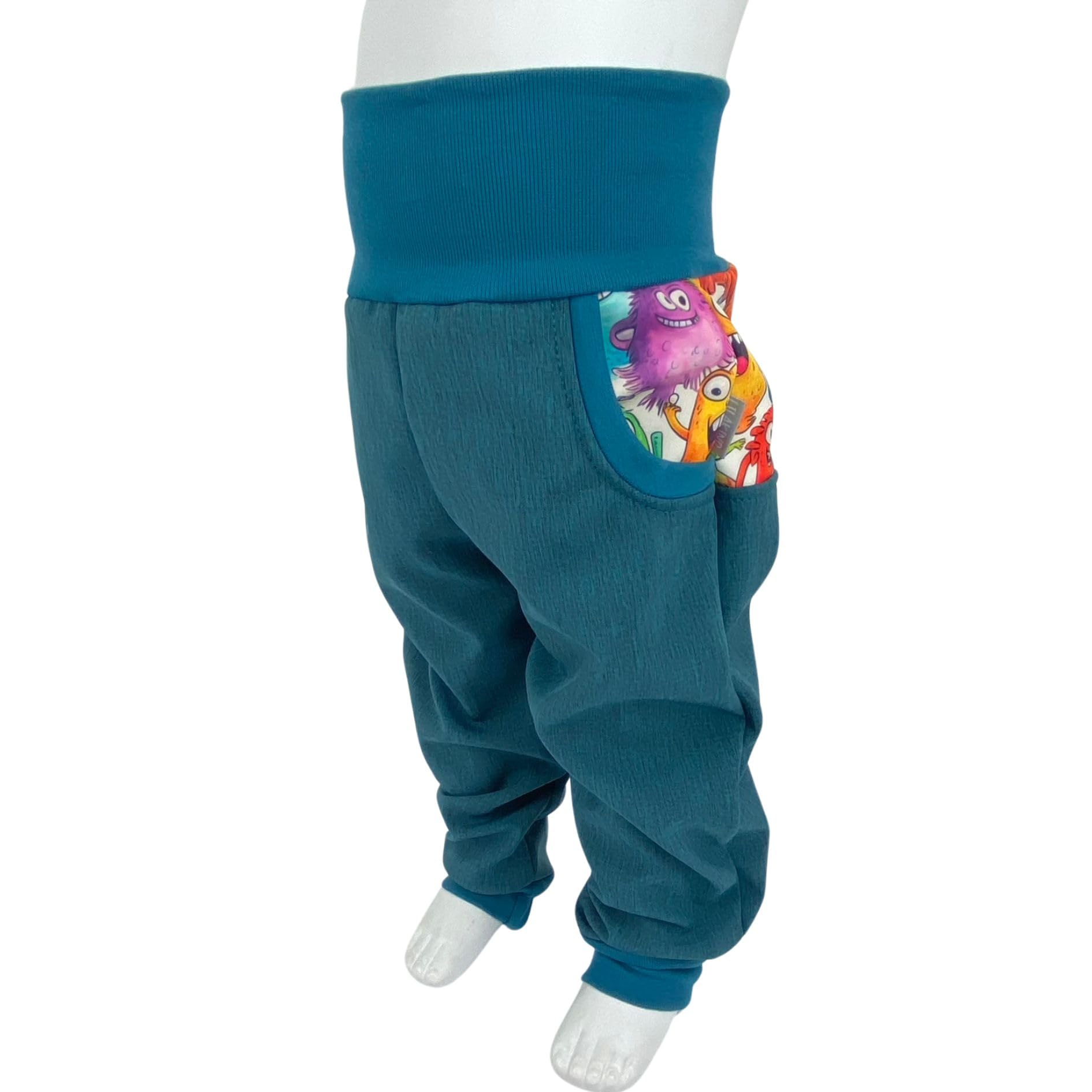 Lilakind“ Baby Kinder Softshell Hose Petrol oder Lila Meliert mit Monstern Cartoon Gr. 74-122 - Made in Germany
