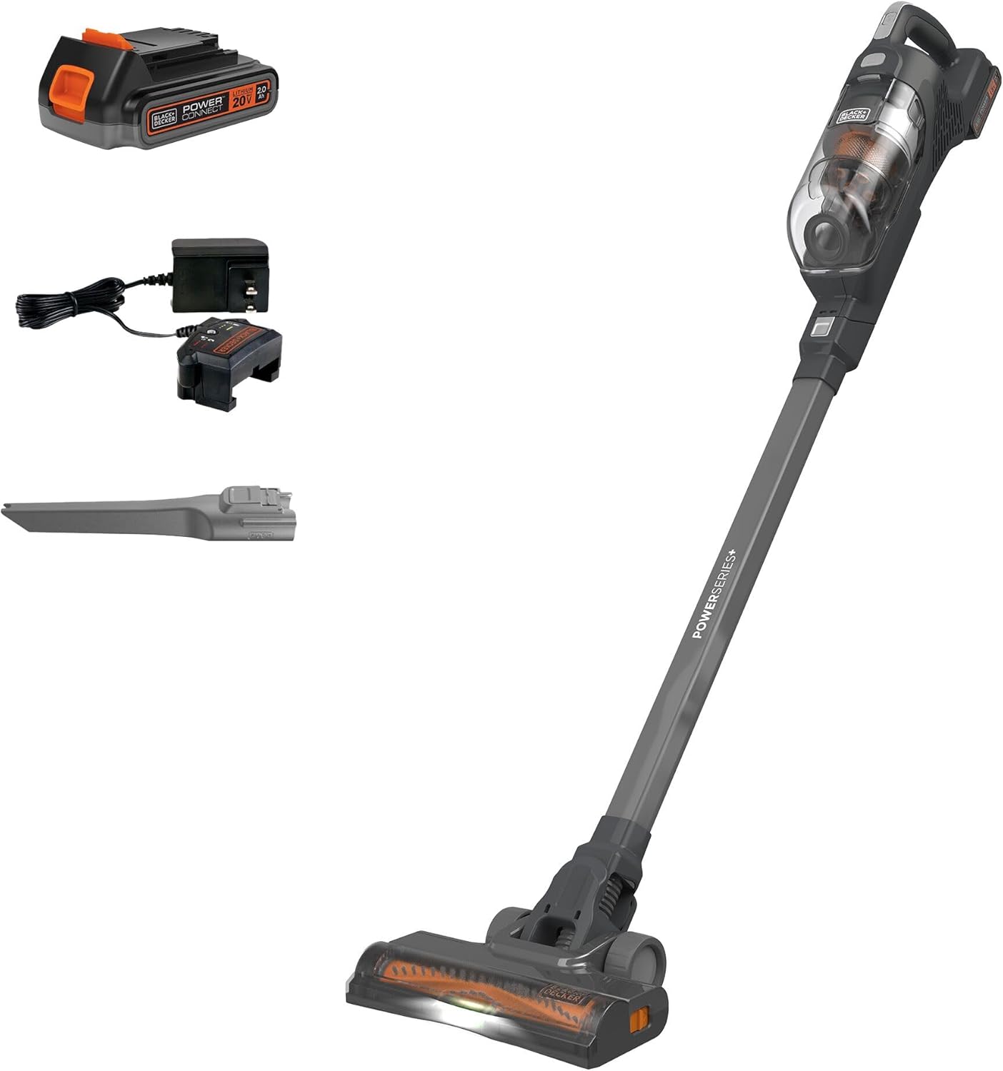 BLACK+DECKER POWERSERIES 20V MAX Cordless Stick Vacuum Cleaner, Household Vacuum Cleaners for Hardwood Floors and Carpet, LED Lights, Detachable, Anti-Tangle, Lightweight, Bagless (BHFEA18D1) Gray/Orange Vac