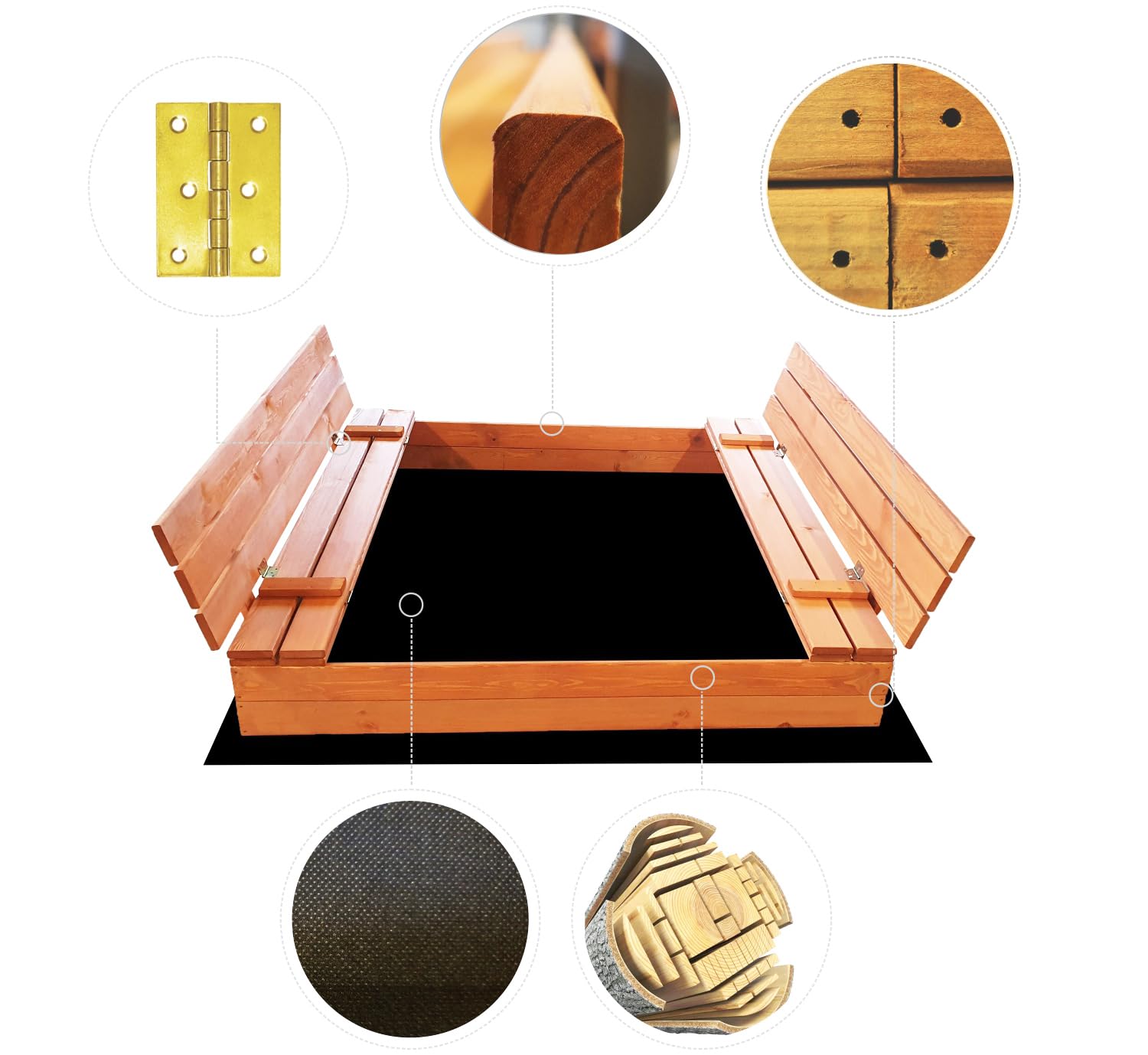Sunwood Sandkasten Imprägniert 140x140 cm aus Holz Sandbox mit Abdeckung Sitzbänken Deckel Plane Sandkiste (140x140 cm)
