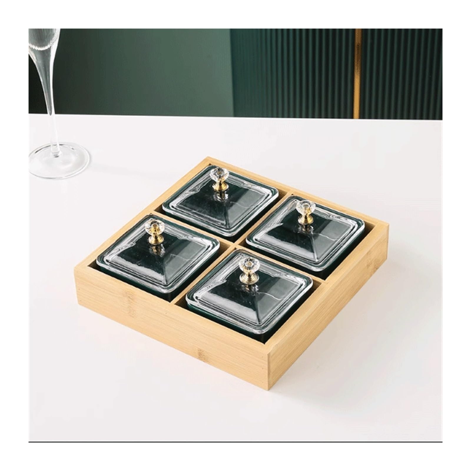 Insalatiere Piatto for condimenti in ceramica verde con coperchi e vassoio in bambù 3 ciotole rimovibili for salse sono utilizzate for antipasti Patatine fritte Frutta Caramelle e condimenti Ciotole D