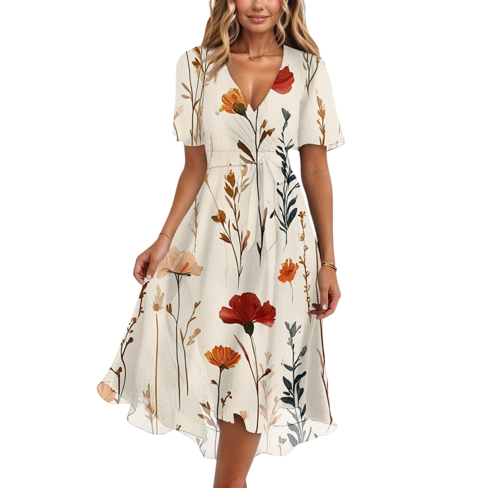 Abito Midi da Donne Ampio con Stampa Floreale Scollo A V E Maniche Corte Abito Bohémien Leggero E Arioso Abiti da Spiaggia A Trapezio Prendisole Leggero con Volant, Abiti da Cerimonia Donna