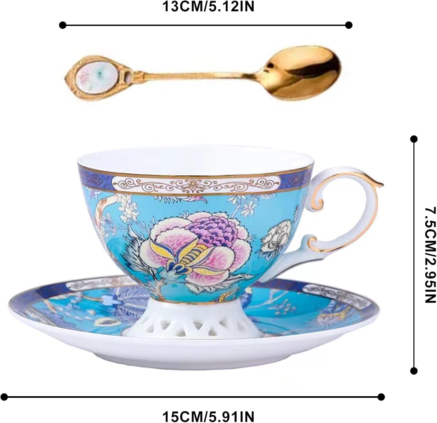 ACMLIFE Bone China Tea Cups, Tea Cup and Saucer Set for 1 Blue and White China Tea Cup 6.7oz Floral Vintage China Coffee Set for Women Party Gift Giving with Gold Trim and Gift Box - Image 2