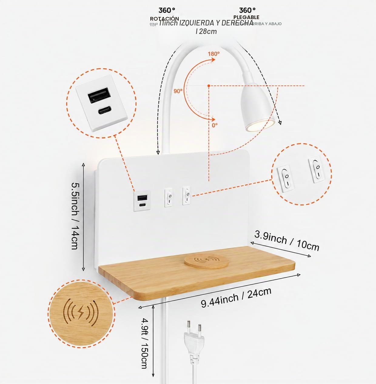 Blanco Lámpara de pared Junto a La Cama con Cargador Inalámbrico y puerto USB, Apliques Pared con Cable de Enchufe La Lámpara de Lectura de Montaje en Pared con 360° Cuello Ganso 3 Colores Regulable