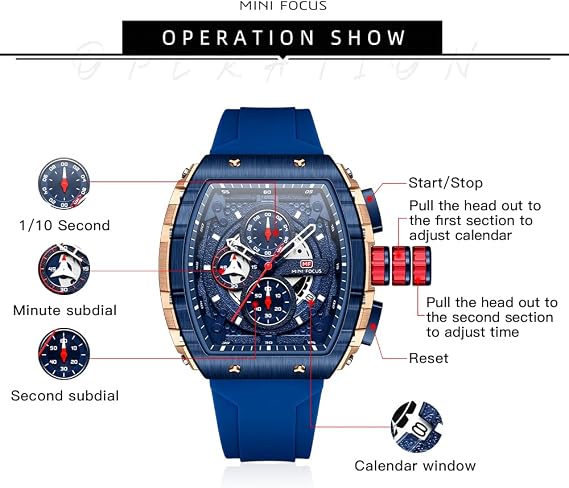 MF MINI FOCUS Watches Men Watches Fashion Hollow Big Dial Luminous Waterproof Sport Analog Quartz Business Chronograph Mens Watch Blue Silicone Strap Dress Watch