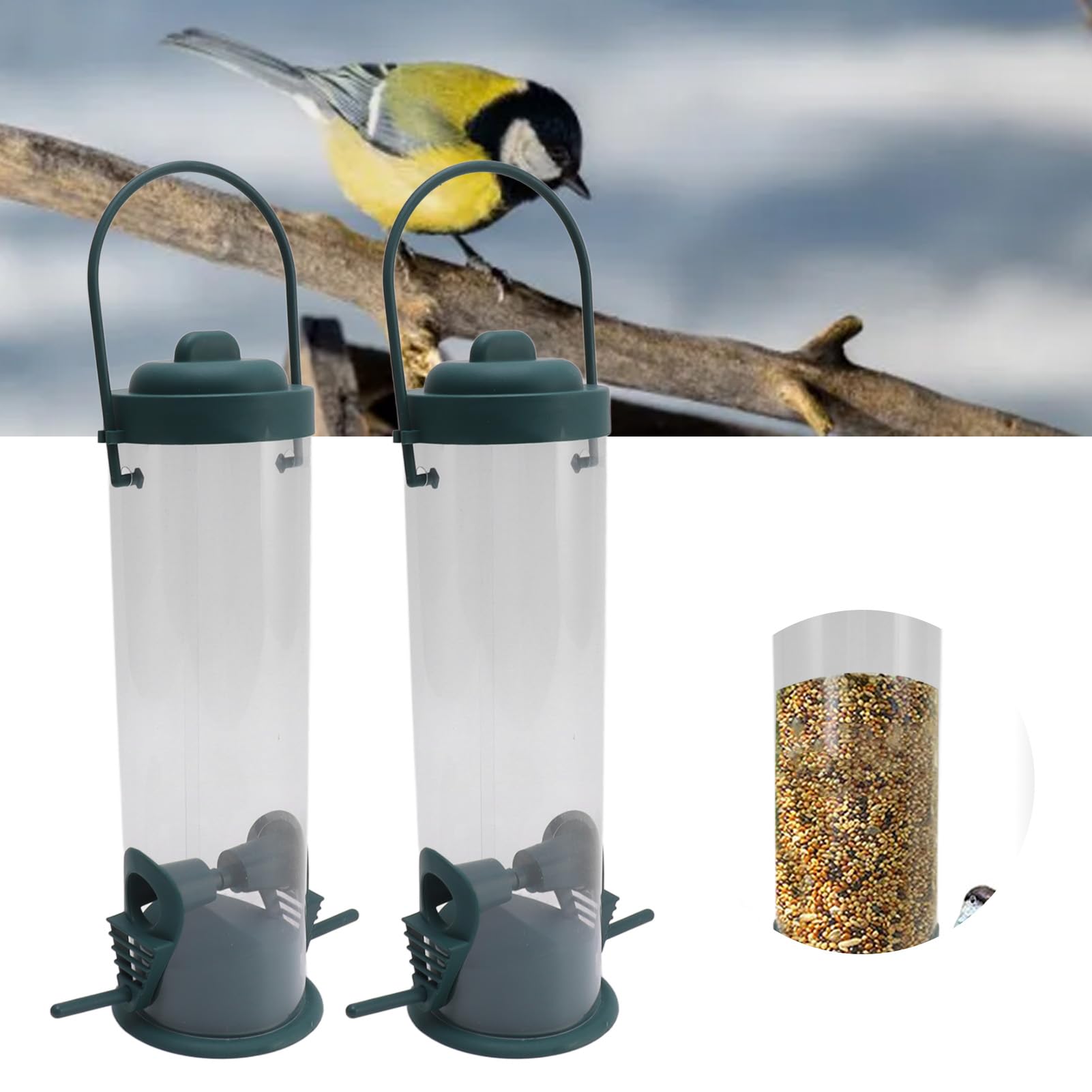 Lot De 2 Mangeoires à Oiseaux Tube Suspendues - Résistantes Écureuils Avec 4 Ports