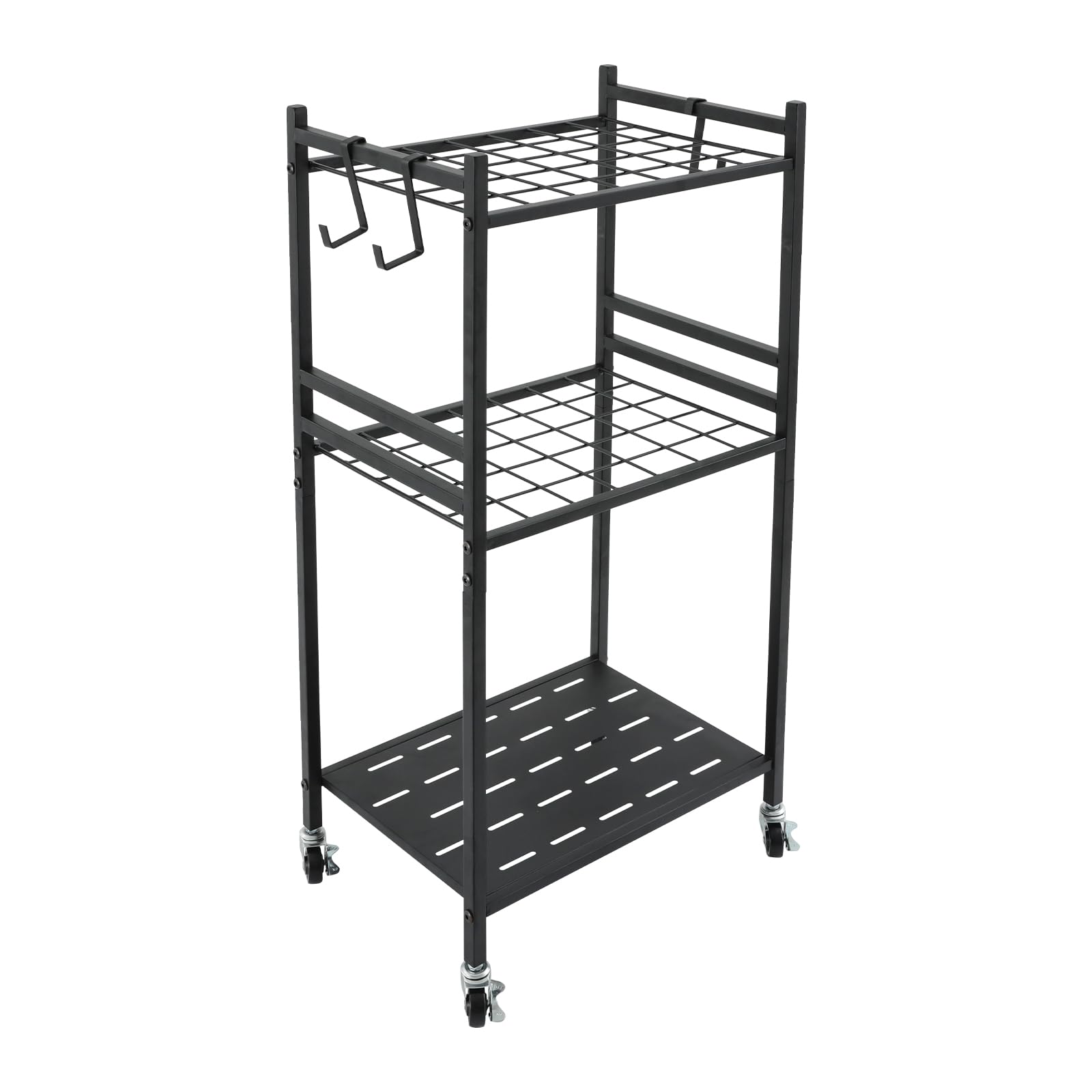 Organizer per attrezzi da giardino, in metallo, colore nero, con ruote universali e ganci mobili, per giardinaggio, manutenzione del giardino, pulizia