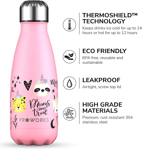 PROWORKS Insulated Water Bottle, BPA Free, Reusable Stainless Steel Water Bottle for 12 Hours Hot & Cold Hold Up to 24 Hours, for Sport, Gym, Travel - 500ml - Pink Daisy - 3