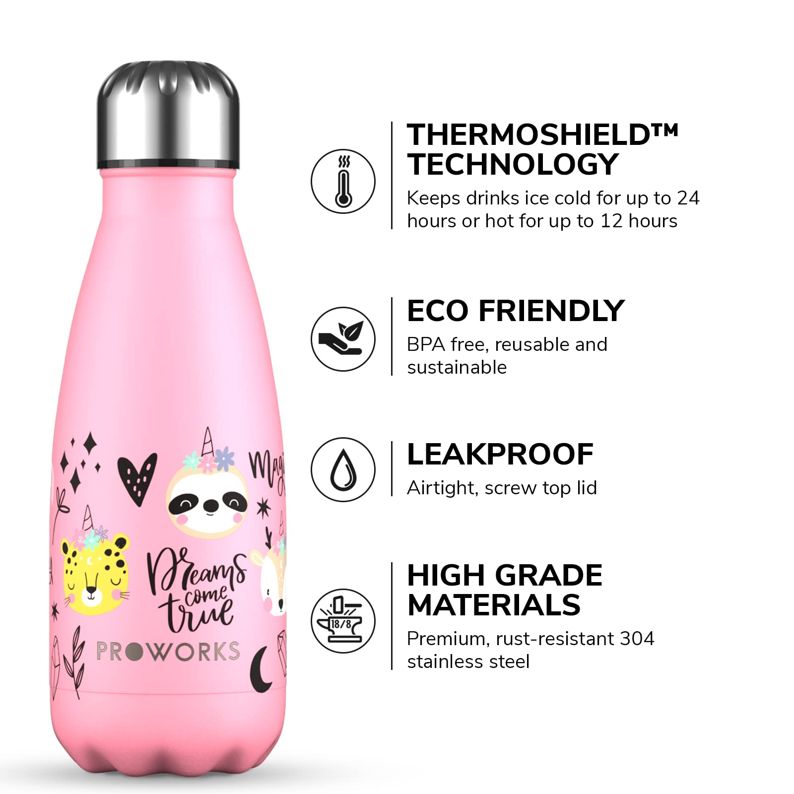 PROWORKS Insulated Water Bottle, BPA Free, Reusable Stainless Steel Water Bottle for 12 Hours Hot & Cold Hold Up to 24 Hours, for Sport, Gym, Travel - 500ml - Pink Daisy — view 3