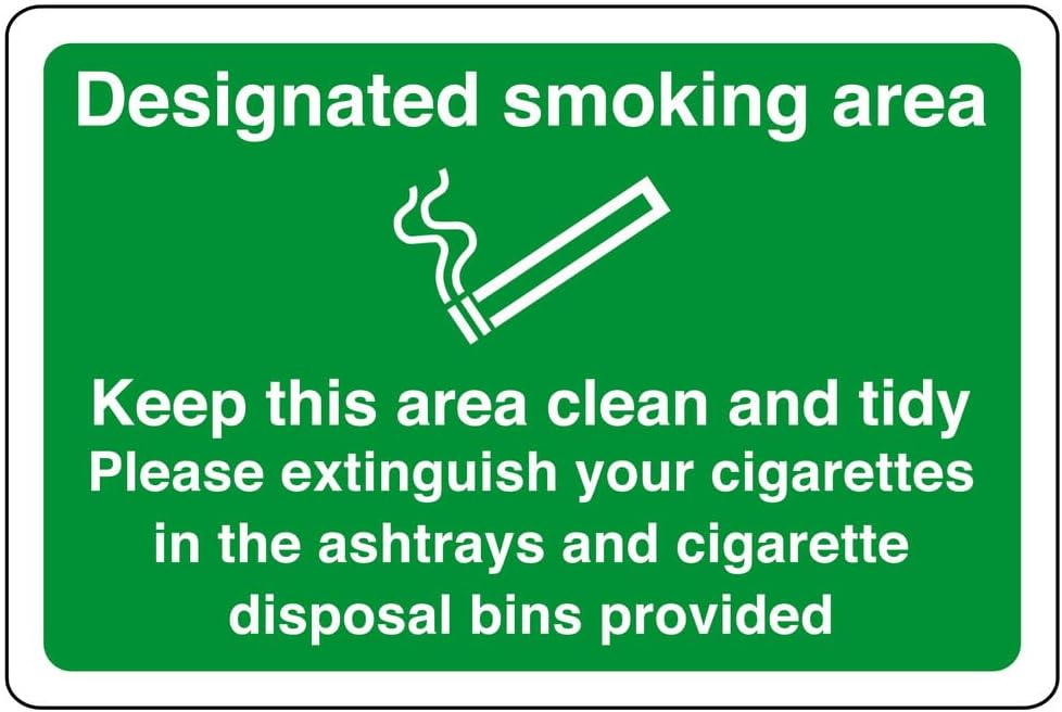 Sponsored Ad – Designated smoking area keep this area clean - safety sign - 1.2mm Rigid plastic for indoor/outdoor usage (150mm x 100mm) Viewing Distance within 3m.