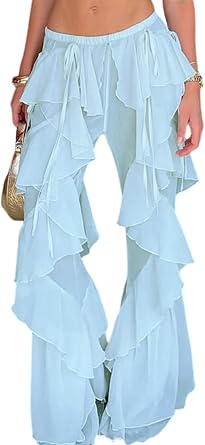 Unybwonn Womens High Waisted Ruffle Flare Pants Mesh Sheer Solid Color Wide Leg Flowy Beach Travel Trousers