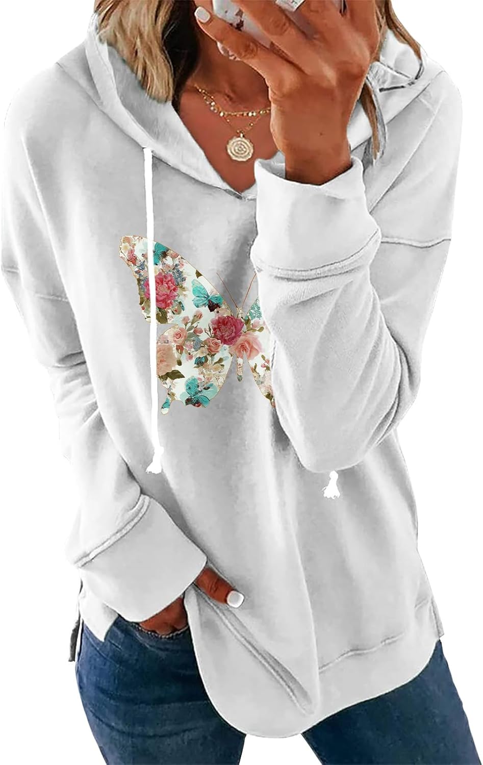 Womens Black Floral Print Hoodie Long Sleeve Cotton Blend Pullover Sweatshirt Loose Fit Casual Top For Everyday Wear