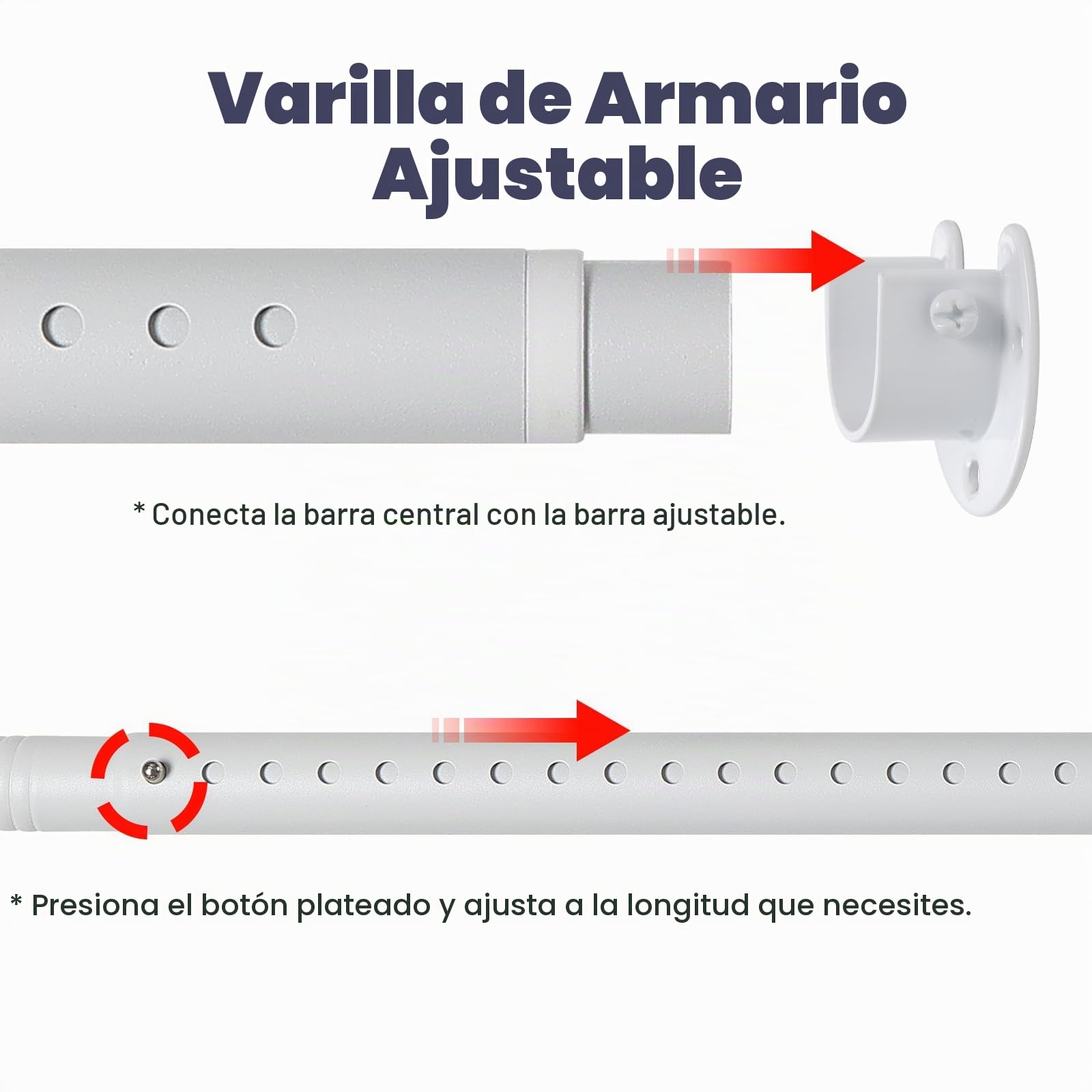 Riel ajustable para armario de 40 a 212 cm, rieles extensibles para colgar ropa, barra de armario resistente para armario, color blanco