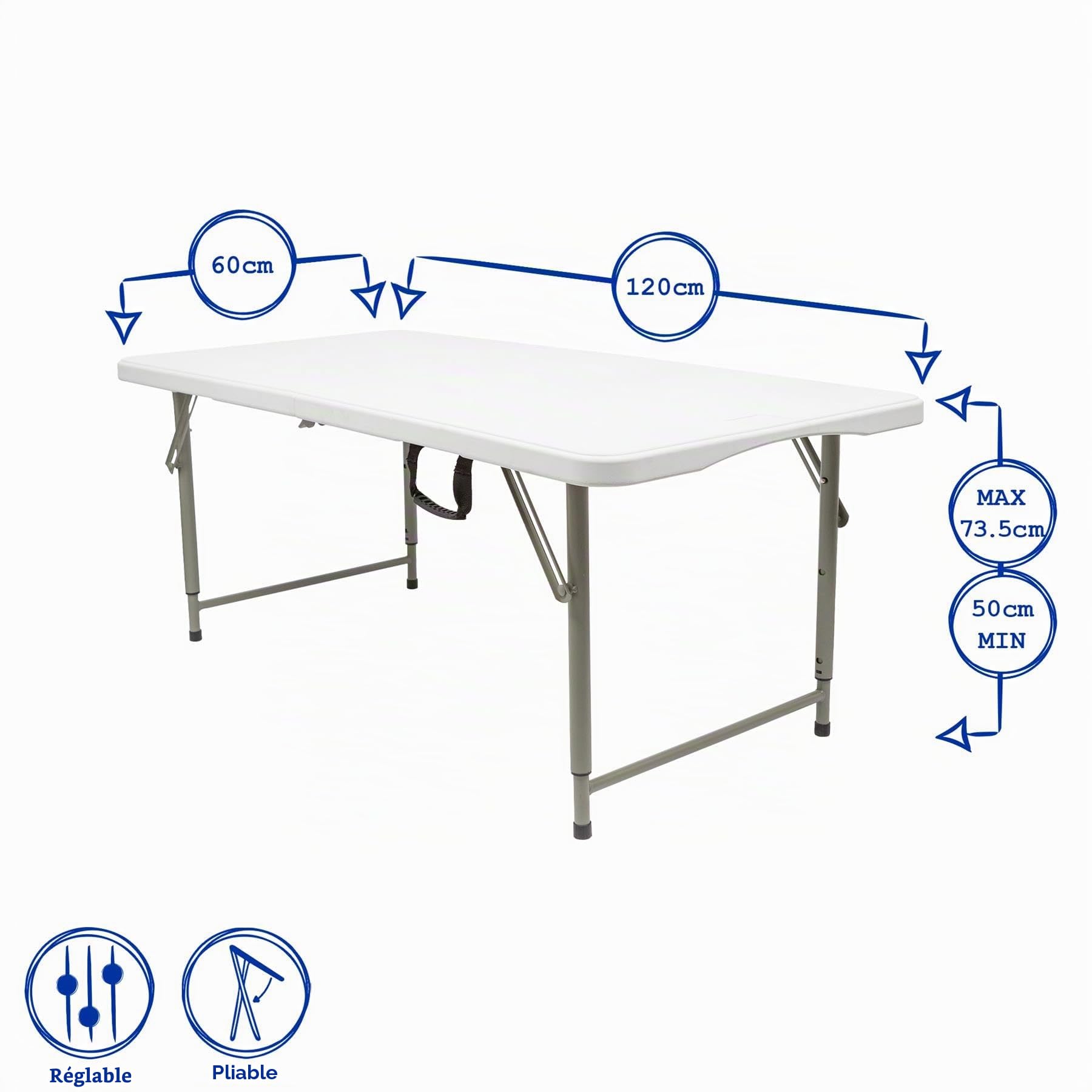 Harbour Housewares Table Pliante Réglable en Hauteur 120 cm Blanche | Plastique robuste, 120x60 cm, hauteur réglable, pliable, structure métallique, poignée de transport