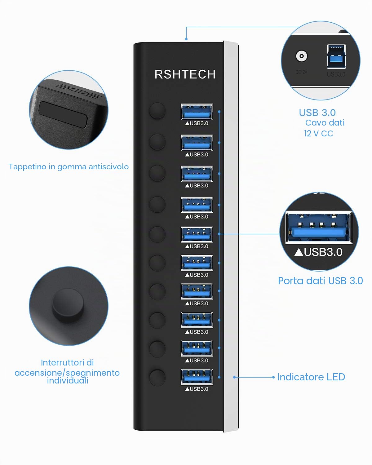 RSHTECH Hub USB Attivo 3.0 con 36W(12V/3A) di Alimentazione Alluminio 10 Porte USB 3.0 Hub con Interruttori di LED e Adattatore di Alimentazione Separati per Linux, Windows, Mac OS e Altro (RSH-A10)