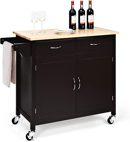Giantex Isla de cocina, carrito de cocina rodante, encimera de madera, carrito de servicio utilitario con armario de almacenamiento y 2 toalleros