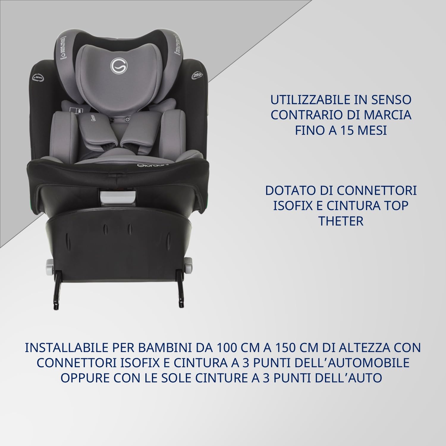 Giordani Jupiter Seggiolino Auto 40-150 cm I-Size, Base Girevole 360°Omologato R129/03, Connettori Isofix e Top Tether, Reclinabile, Riduttore Neonato e Regolazione Automatica, 0-12 Anni