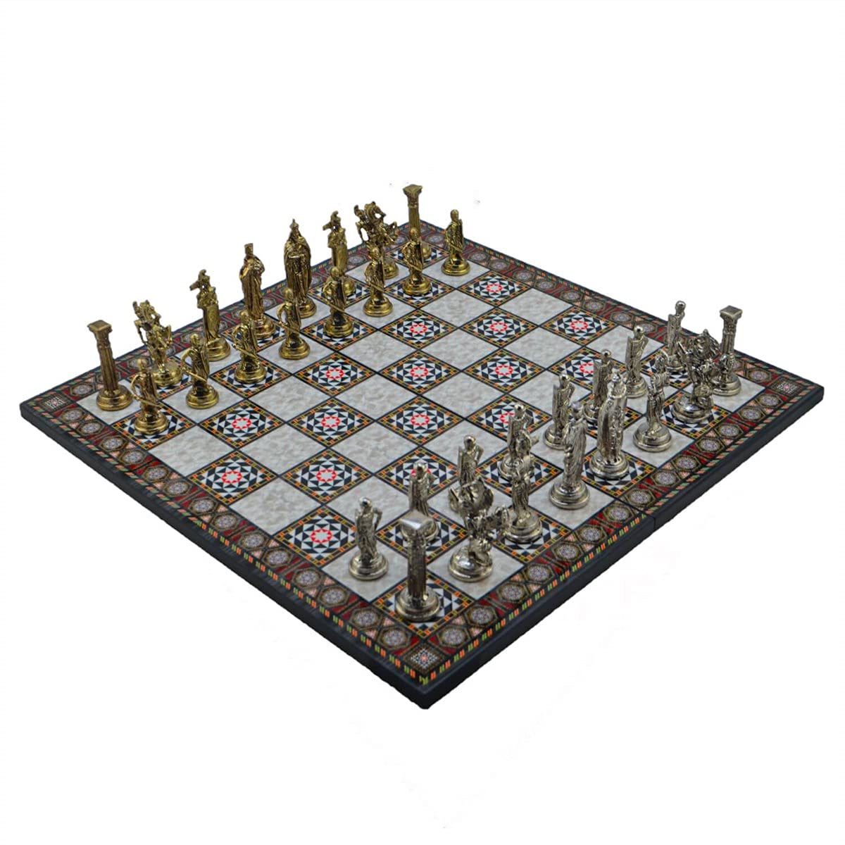 GiftHome Royal British Army Metal Chess Set for Adults,Handmade Pieces and Marble or Mosaic Design Folding Wooden Chess Board King 3.35inc (Mosaic Design)