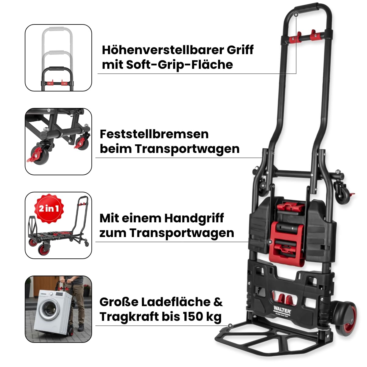WALTER 2-in-1 Transportwagen & Transportkarre – 150 kg Tragkraft, ausziehbarer Griff, Feststellbremse, elastische Fixierbänder, klappbar