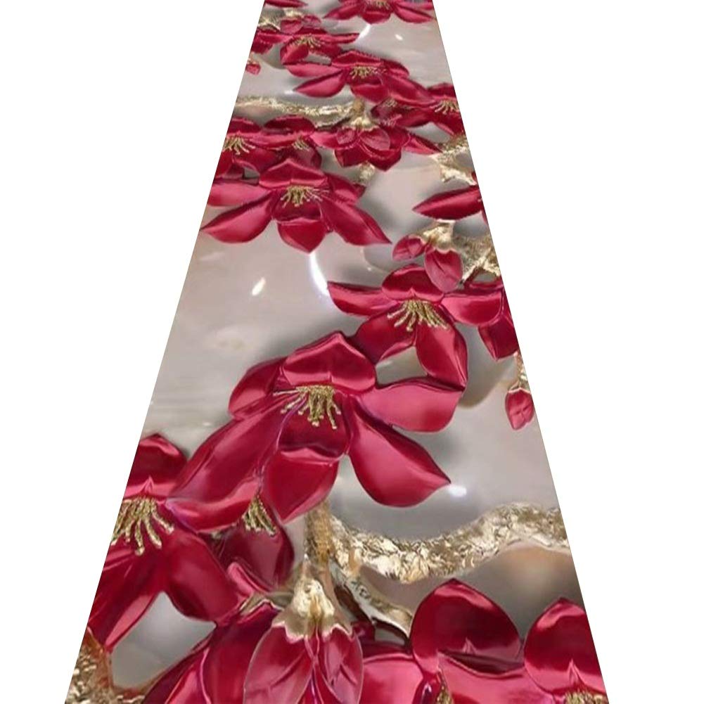 Tapis de couloir en rayonne 3D lavable motif fleurs et marbre