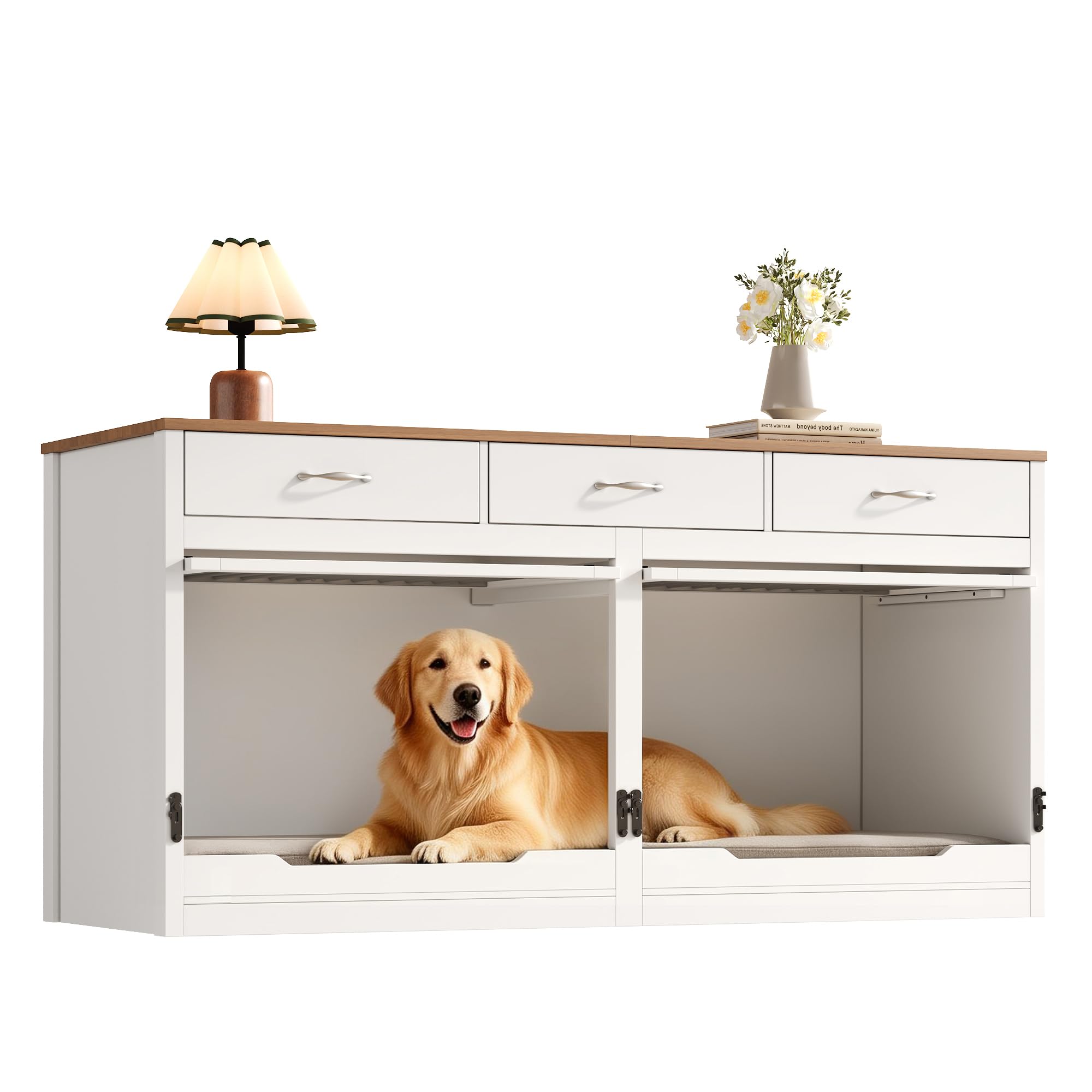 Holz-Metall Hundebox für 2 Hunde, 164x60x81 cm, mit herausnehmbarer Trennwand, Schloss, Klapptür & 3 Schubladen – Innen-Hundehütte, weiß/Holzoptik, Übergröße