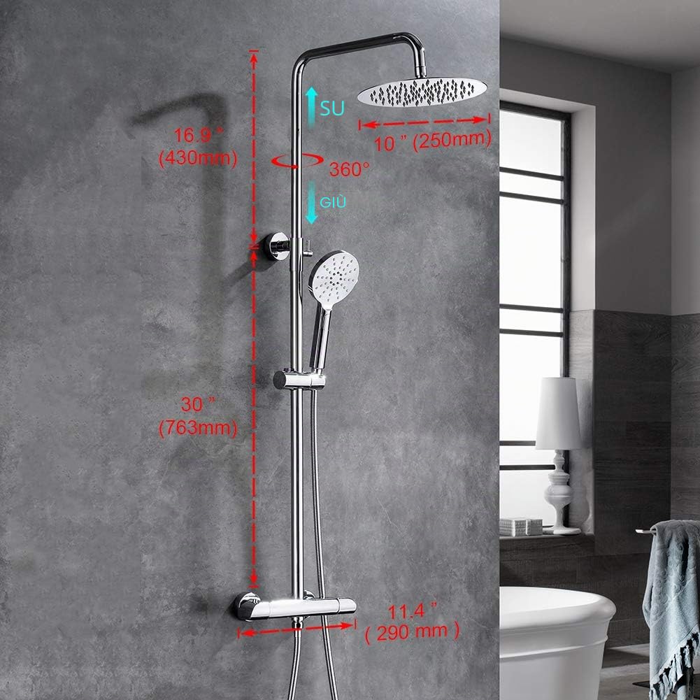 Ibergrif M21809 Colonna Doccia Termostatico, Doccia Soffione Completo, Set Doccia con Soffione e Doccetta, Asta per Doccia Regolabile a Muro, Termostato, Asta Tubo Flessibile, Cromo, Argento