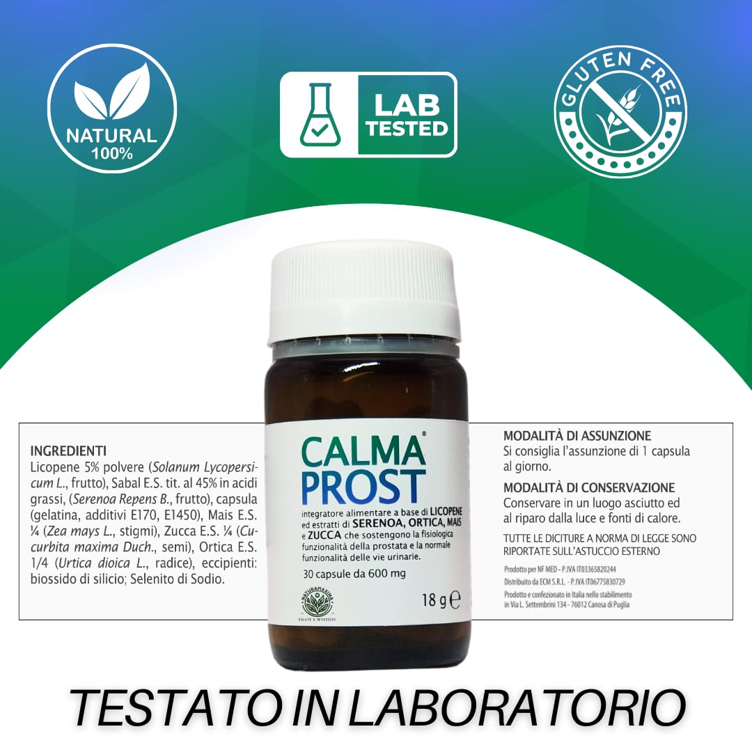 CALMAPROST – Integratore Naturale per Benessere della Prostata e Funzionalità Urinaria, 30 Capsule con Serenoa Repens, Licopene, Zinco e Selenio