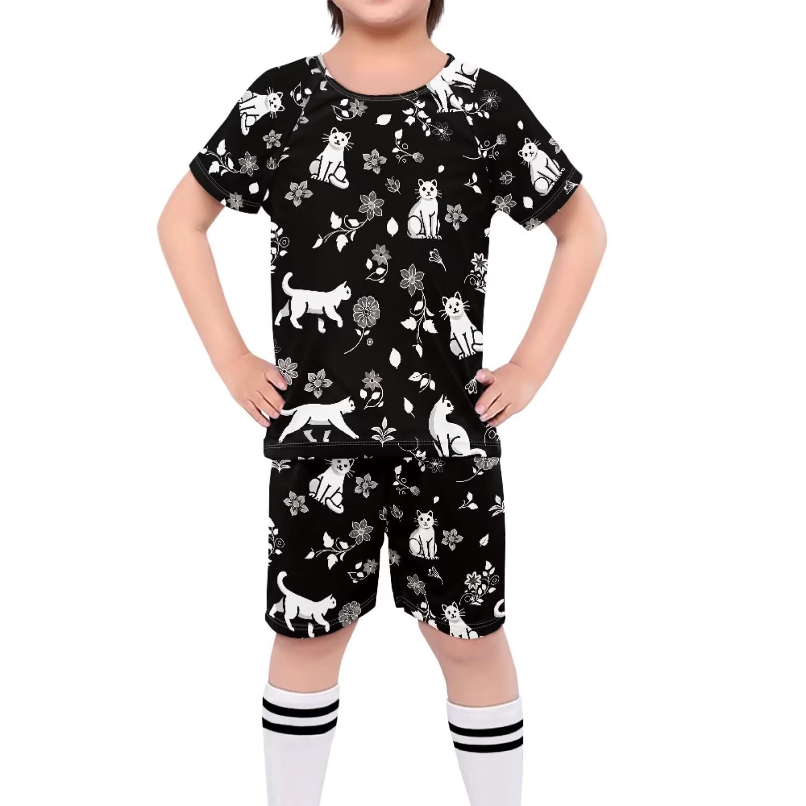 ORGYPET Cat Floral Soccer Jerseys for Boys Soccer 2024 Trendy Uniforms for Boys High Elastic Soccer Uniforms for Kids Children's Football Suit Daily Sports Football Wear, S