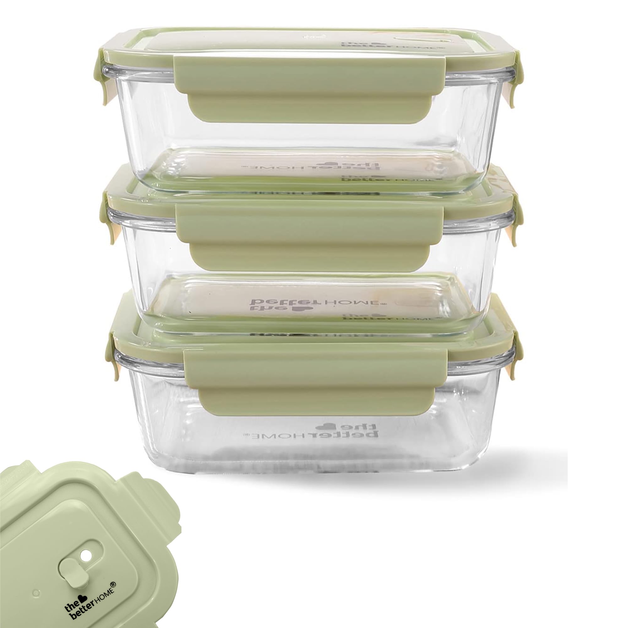 Better Home Borosilicate Glass Lunch Box Set of 3 (1040ml) | Microwave-Safe Leakproof Tiffin| air Tight Glass containers for Kitchen Storage Set