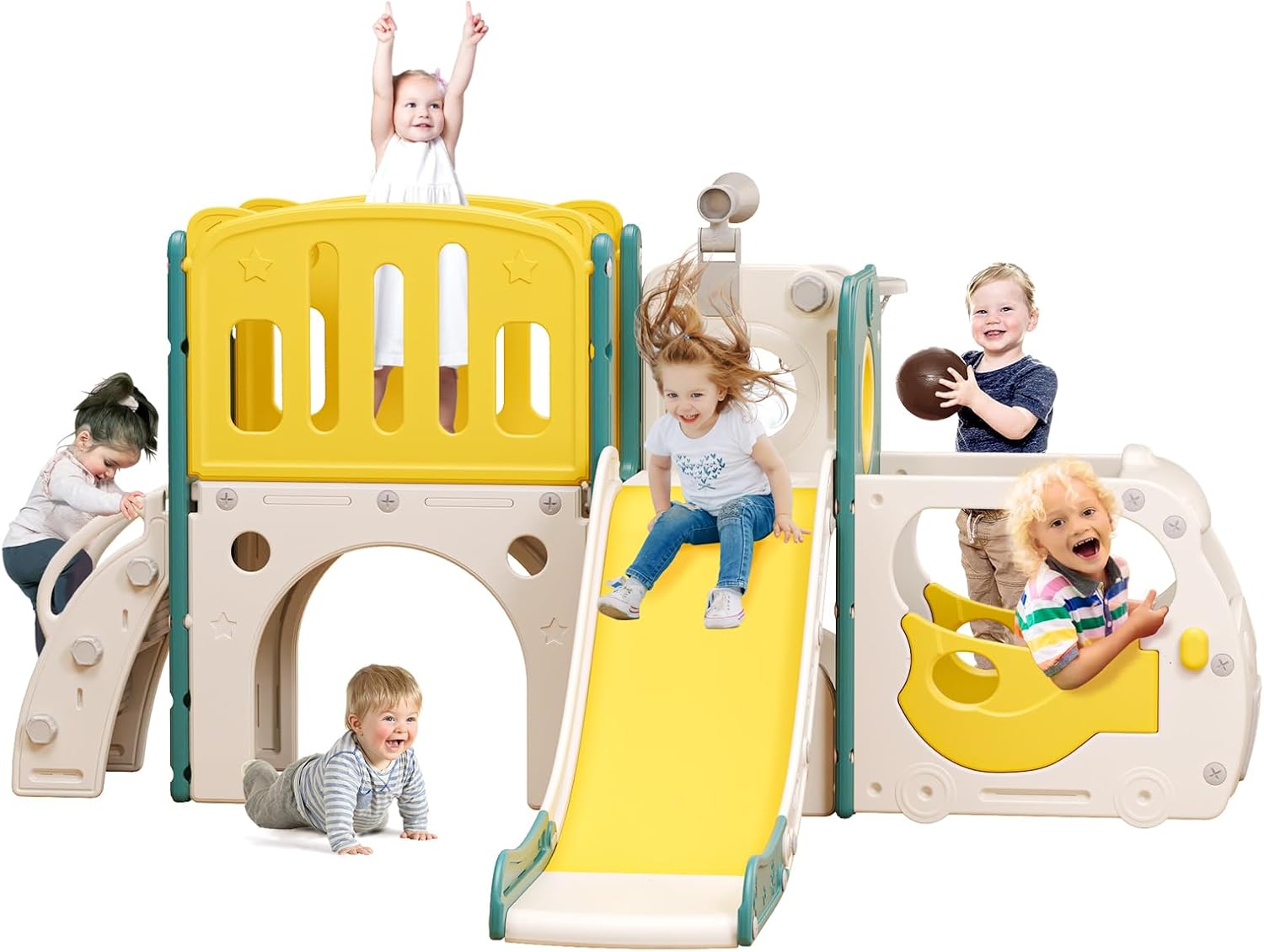 Toddler Slide Kids Slide Playset for Babies Bus Themed Toddler Playground with Climber Baskteball Hoop Indoor Playground Outdoor
