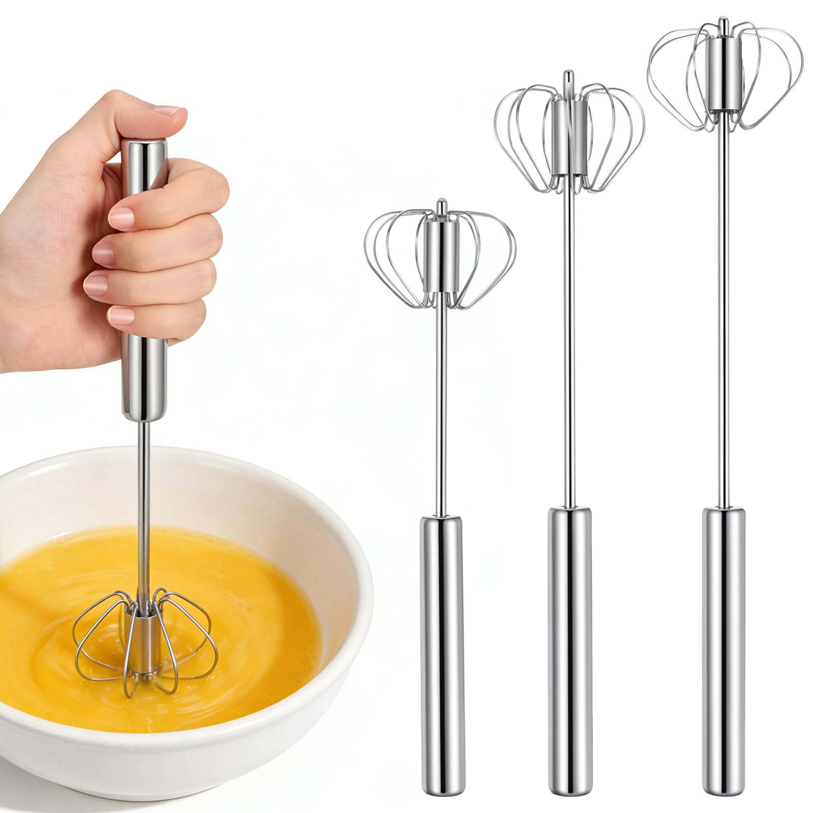 JJUNW 3Pcs Semi-Automatic Egg Whisk Beater, Stainless Steel Mini Hand Whisk