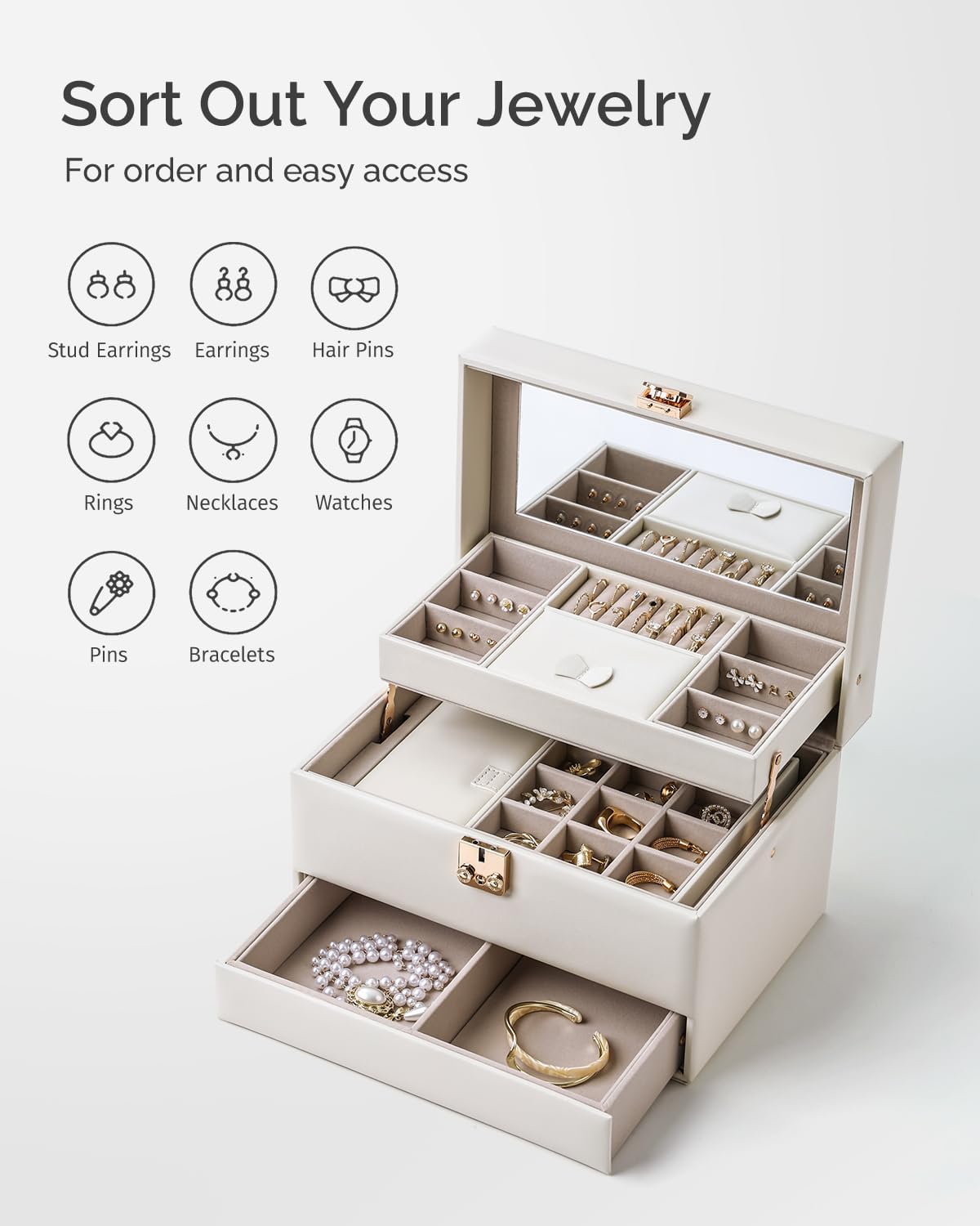 CASEGRACE Jewelry Organizer Box,3 Layers Leather Jewelry Storage Case with Portable Jewelry Case, Removable Jewelry Tray, Home and Travels Storage,Gift for Women (white)