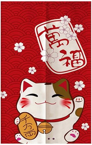 TJ Global Cortina de puerta japonesa Noren para el hogar o el restaurante 335 x 59 pulgadas gato de la suerte rojo