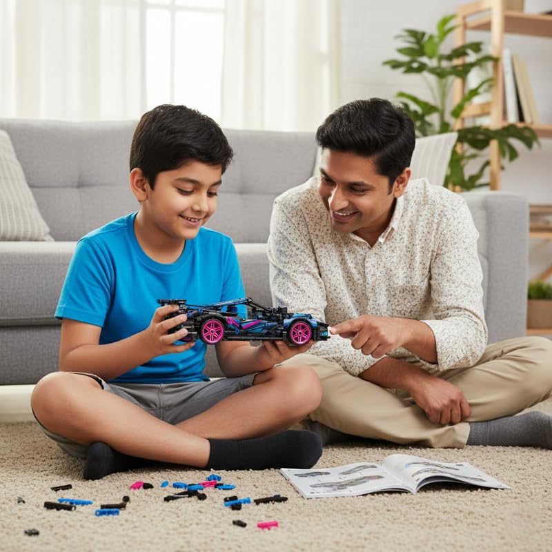 Image of 1:18 DIY Blocks Pull-Back Car - Pink & Black | Big Pull Back Cars | STEM Learning: Learn About Energy Conversion | Educational Toy for Kids 8+