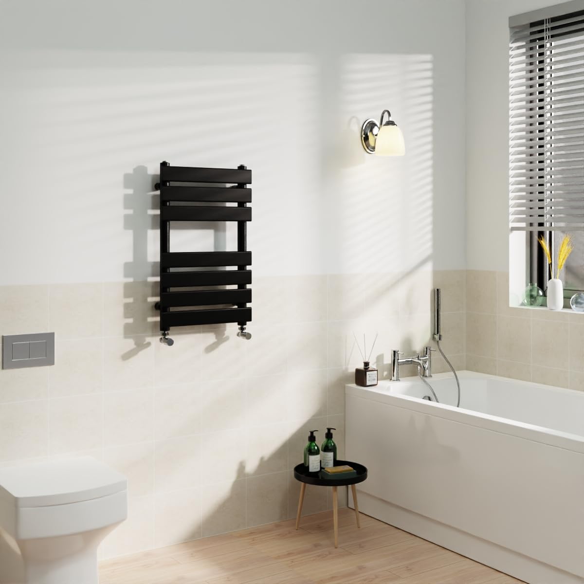 Warmehaus Black Flat Panel Heated Towel Rail Radiator Ladder Rad Central Heating Towel Warmer For Bathroom Kitchen 650X400mm