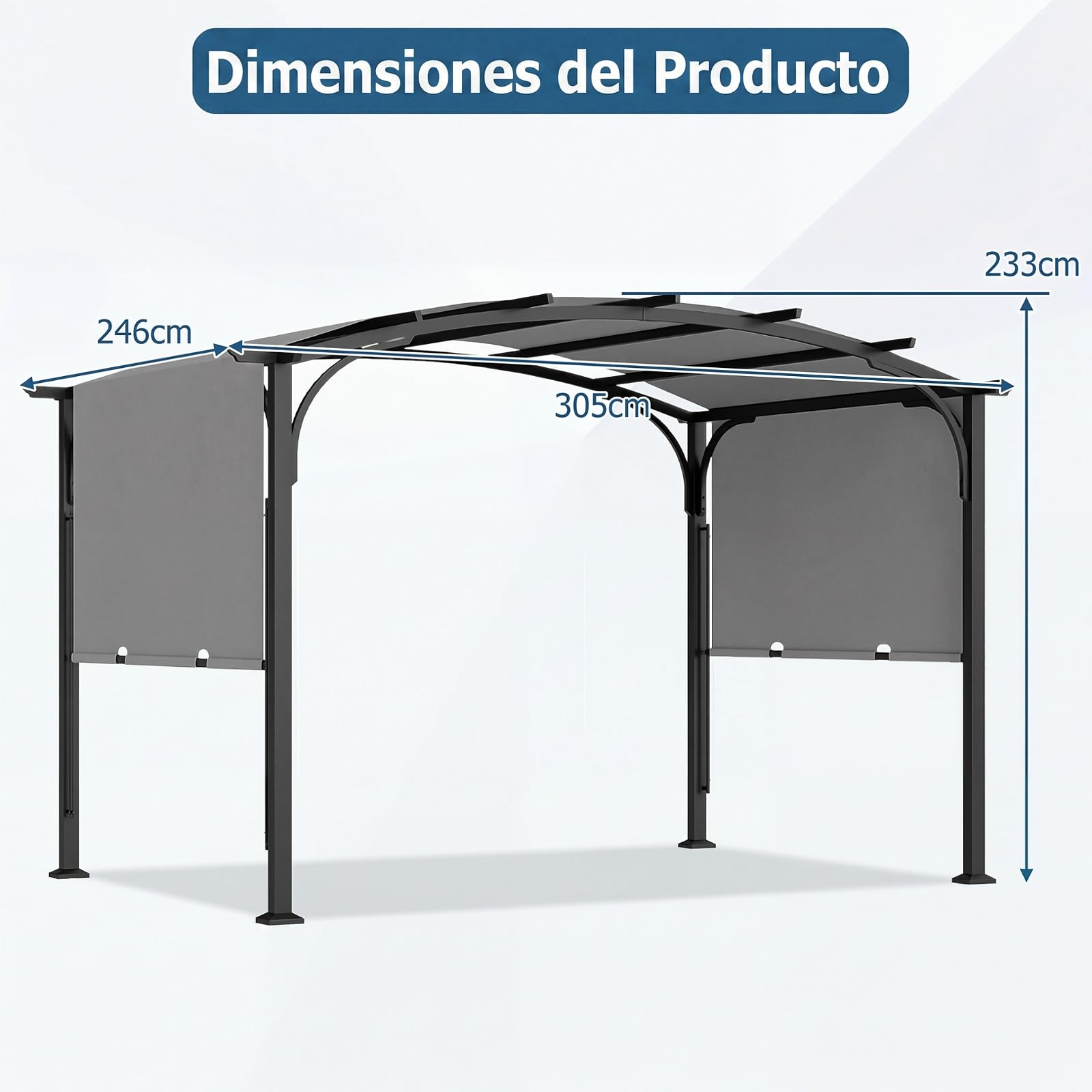COSTWAY Pérgola Retráctil para Exterior, 3 x 2,4m, Cenador de Jardín con Techo Arqueado, Estructura Metálica y Tejido de Poliéster, Pabellón Jardín con Toldo para Patio Terraza Porche (Gris)