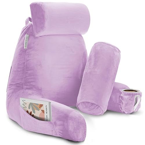 Clara Clark Reading Pillow with Shredded Memory Foam Includes 2 Neck and Lumber Support Pillows, Designed for Sitting Up in Bed and Couch, Back and Arms Adjustable Support for Adults & Teens, Lavender - Large 22" - Lavender