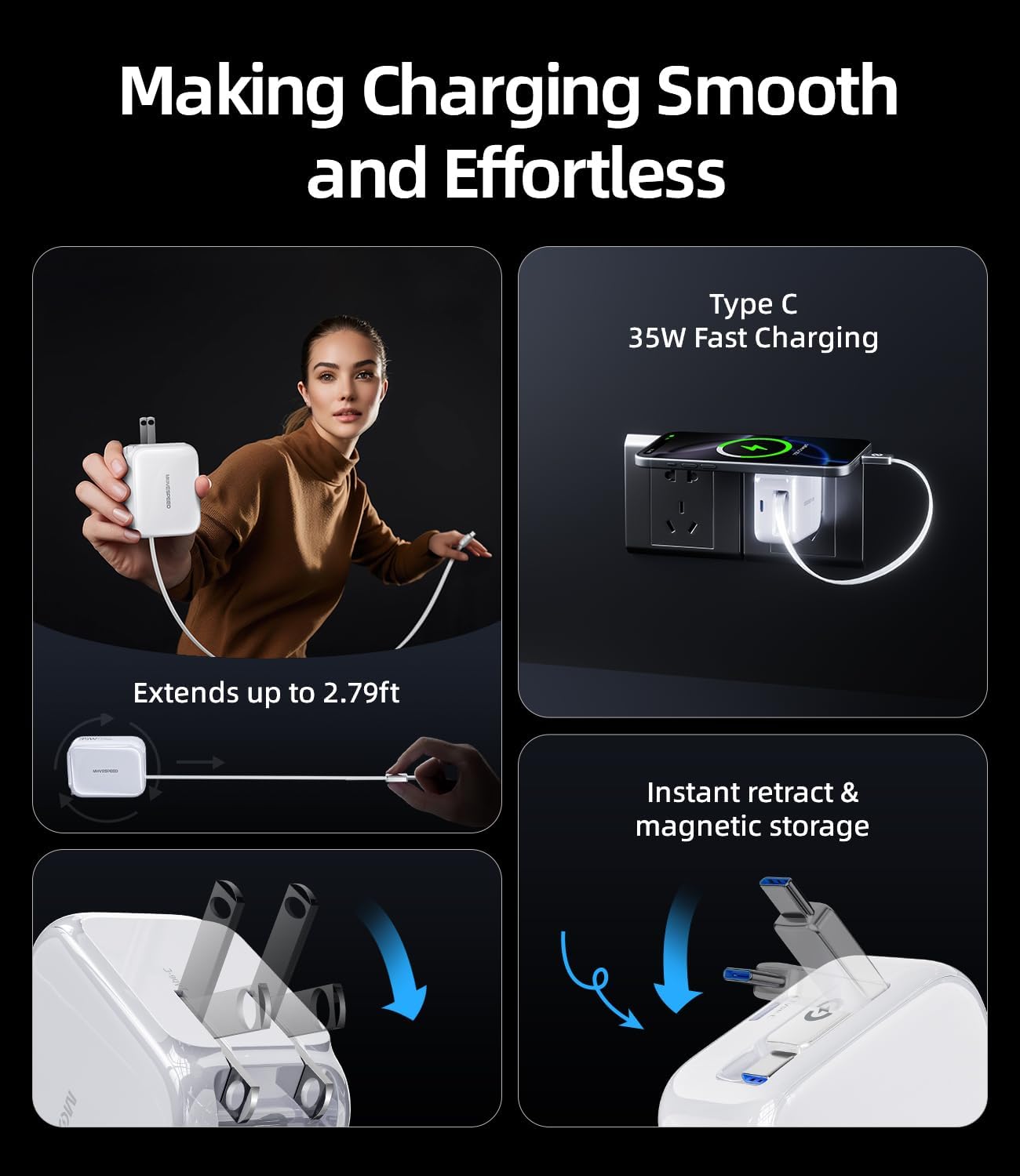 Image showing the retractable Type-C cable extending from the 35W charger and plugging into a wall outlet.