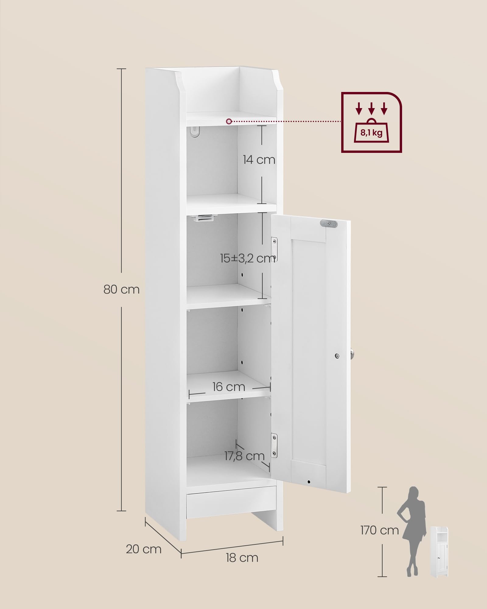 VASAGLE Armario de Baño, Armario Esquinero con Puerta y Estantes, Organizador de Almacenamiento, Estrecho, para Papel Higiénico, Estantes Ajustables, Blanco BBC310W01