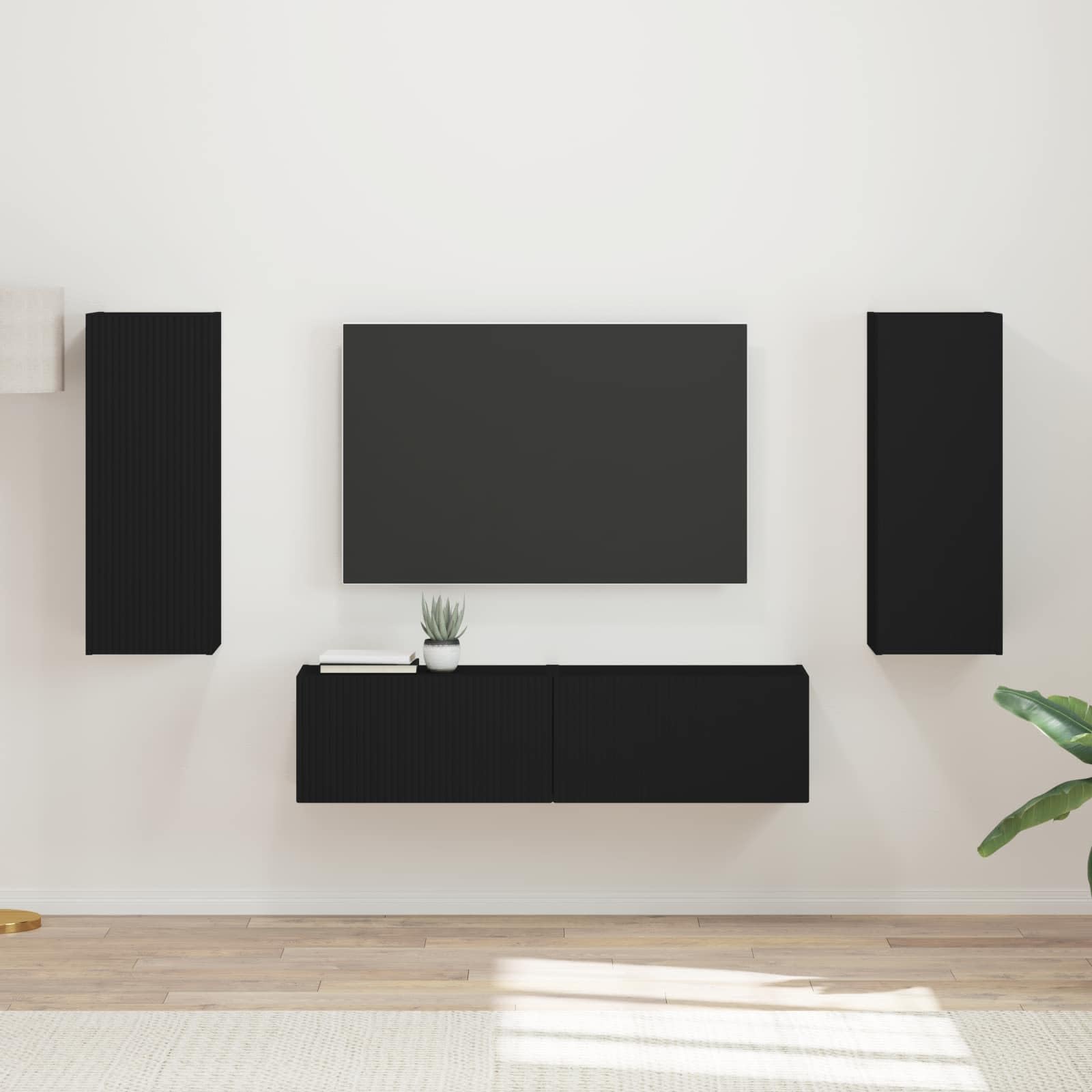 TV-Schrankset Wandmontiert 2-teilig, Schwarz Holzwerkstoff, Modernes Media-Center für Wohnzimmer, Elegantes Design, Platzsparendes Entertainment-Möbel