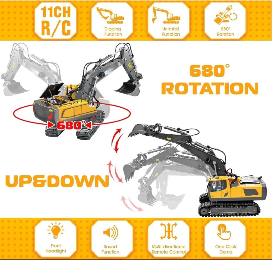 KAHUMBO New Radio Control J-C-B Excavator Toy for 6-12 Yr Boys, Best Birthday Gifts for Kids 7 8 9 10 11 Year Old, Rc Construction Toys with Metal Shovel, Lights, Sounds 2.4Ghz, Multi Color 4