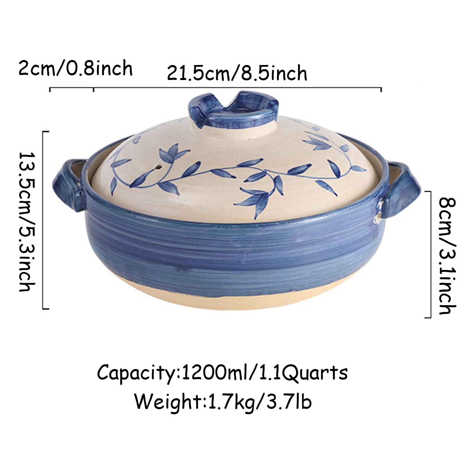 cazuela de cerámica, Cacerolas japonesas de barro resistentes al calor con tapa, grandes, arcilla(1200ml/1.1Quarts)